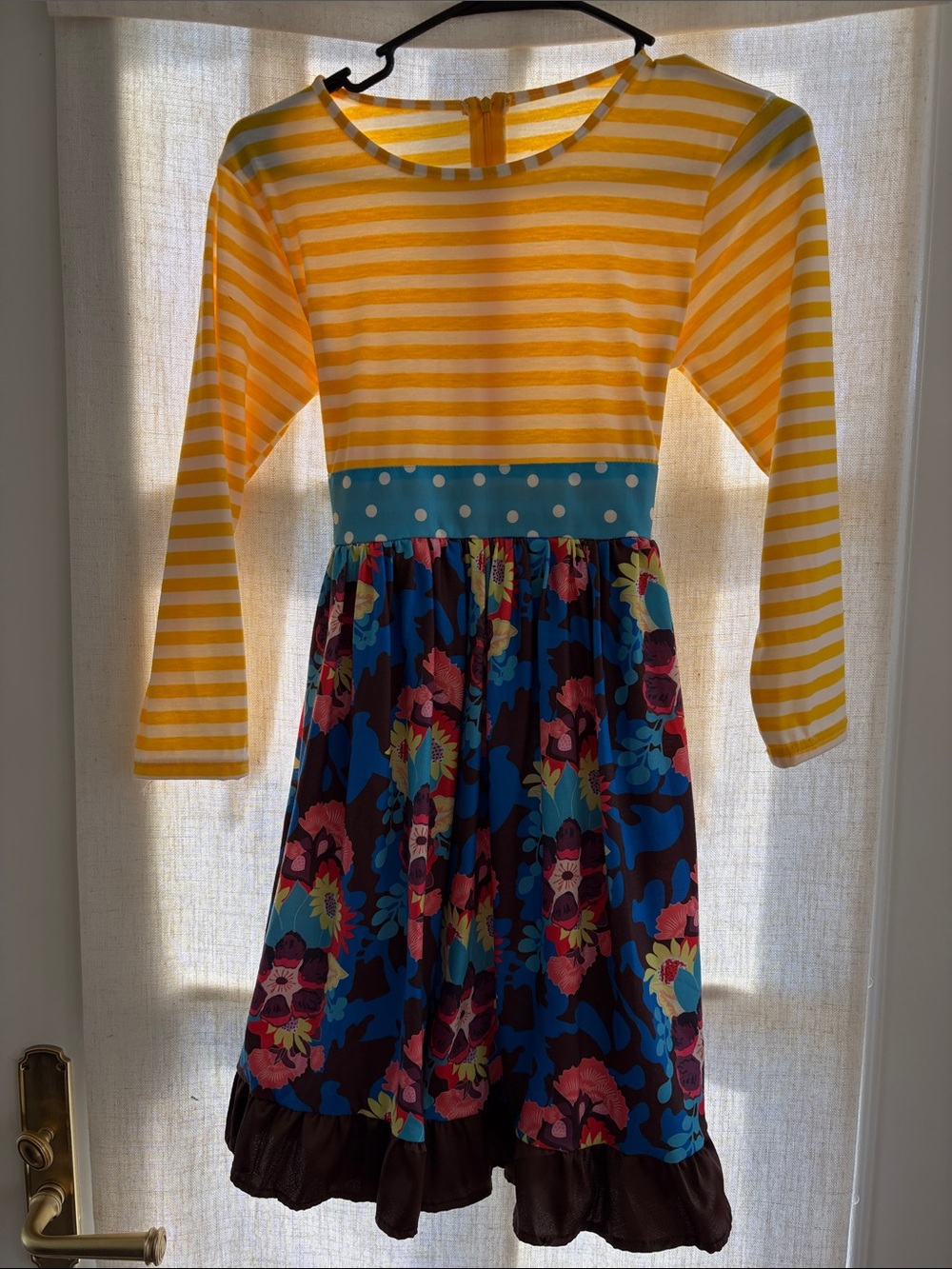 Girls Yellow Stripe & Floral Long Sleeve Dress